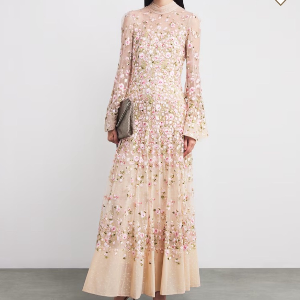 Needle & Thread Size 4 Sylvia Rose Long Sleeve Ankle Maxi Gown in Champagne - Picture 3 of 8